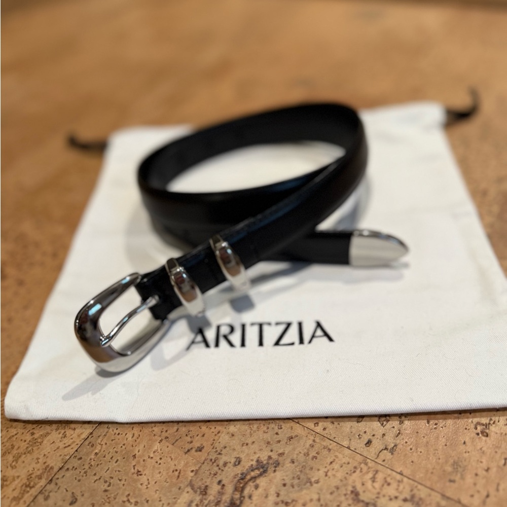 Aritzia Legendary Solid Brass Black Leather Belt with Silver Buckle